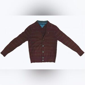 Tommy Hilfiger Men's 100% Cotton V-Neck Button-Up Striped Cardigan with Pockets